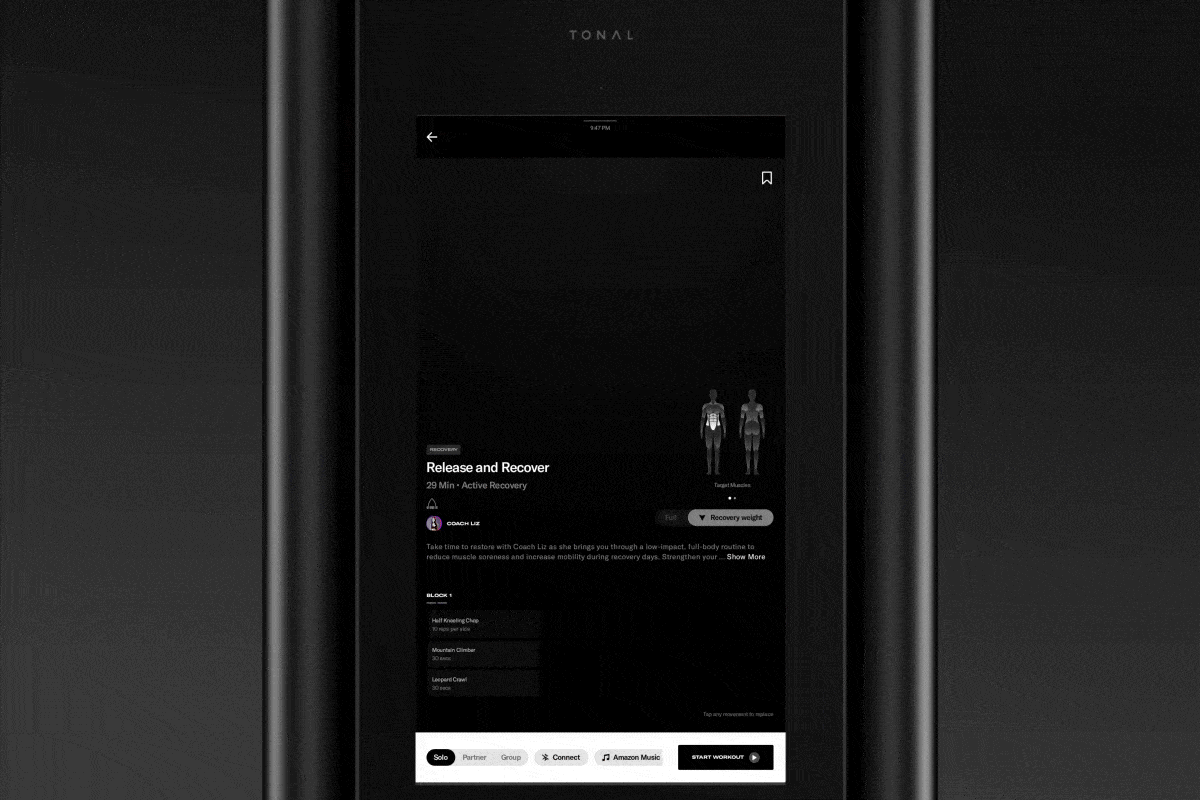 GIF showing the Tonal trainer with the active recovery weight toggle on saying