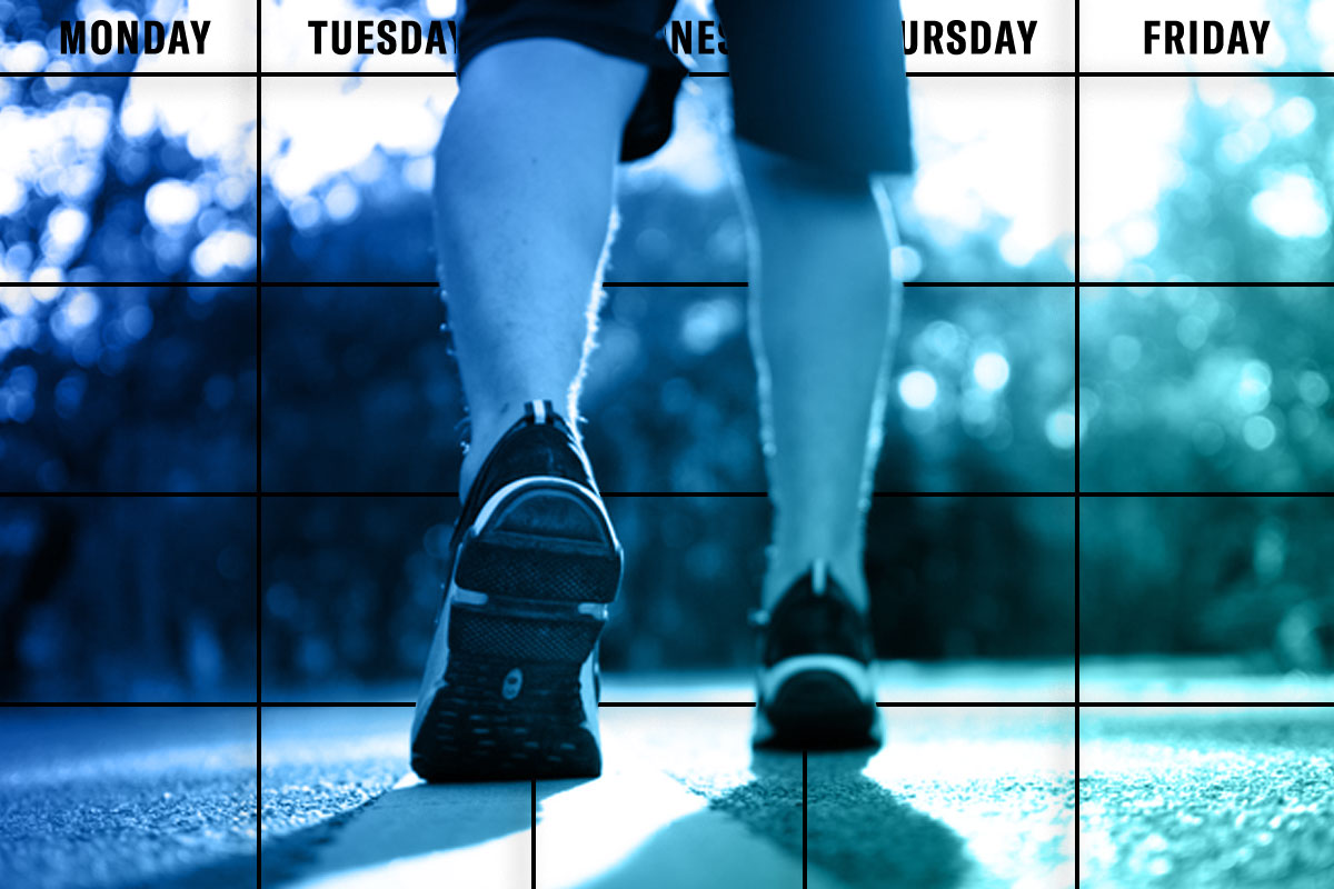 Image of a man walking superimposed over a calendar.