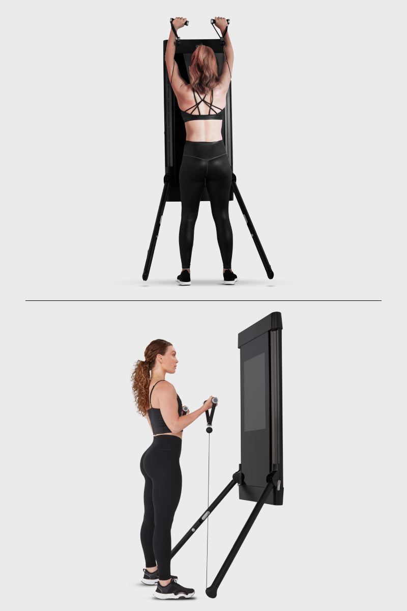 Standing overhead press to bicep curl superset on Tonal