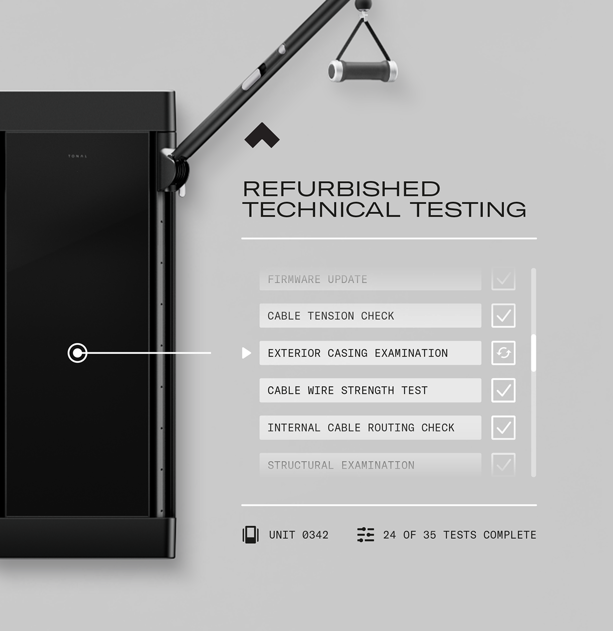 Refurbished technical testing process for a Tonal 1