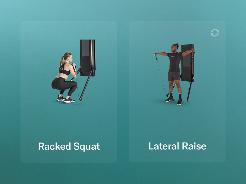 Two Tonal exercise illustrations, 'Racked Squat' and 'Lateral Raise', on a teal background.