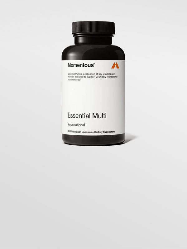 Momentous Essential Multi supplement bottle on a white background