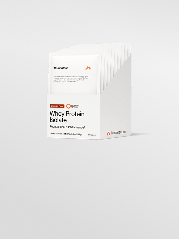 Momentous Whey Protein Isolate package on a white background