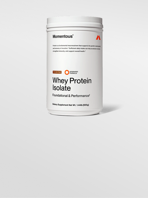Momentous whey protein isolate container on a white background