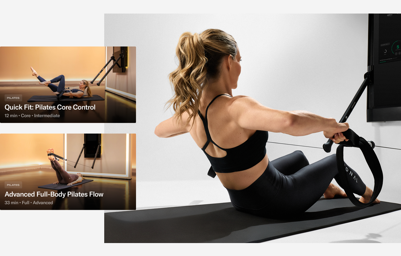 Woman doing Pilates using a Tonal machine with screen grab displays of example Pilates workouts