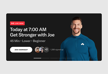 A card showing a live workout with Joe at 7am