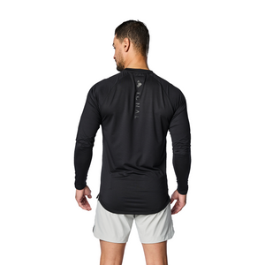 Back of black men's Tonal Performance Shop long sleeve shirt