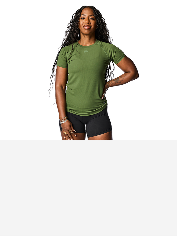 Woman wearing Dark Sage Tonal Performance t-shirt