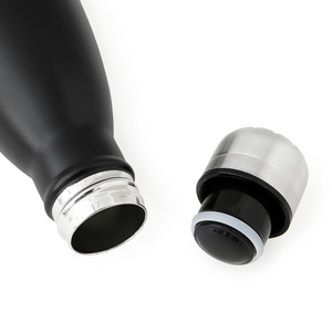 Close up of the cap and insulated stainless steel with matte black finish Tonal Performance water bottle.