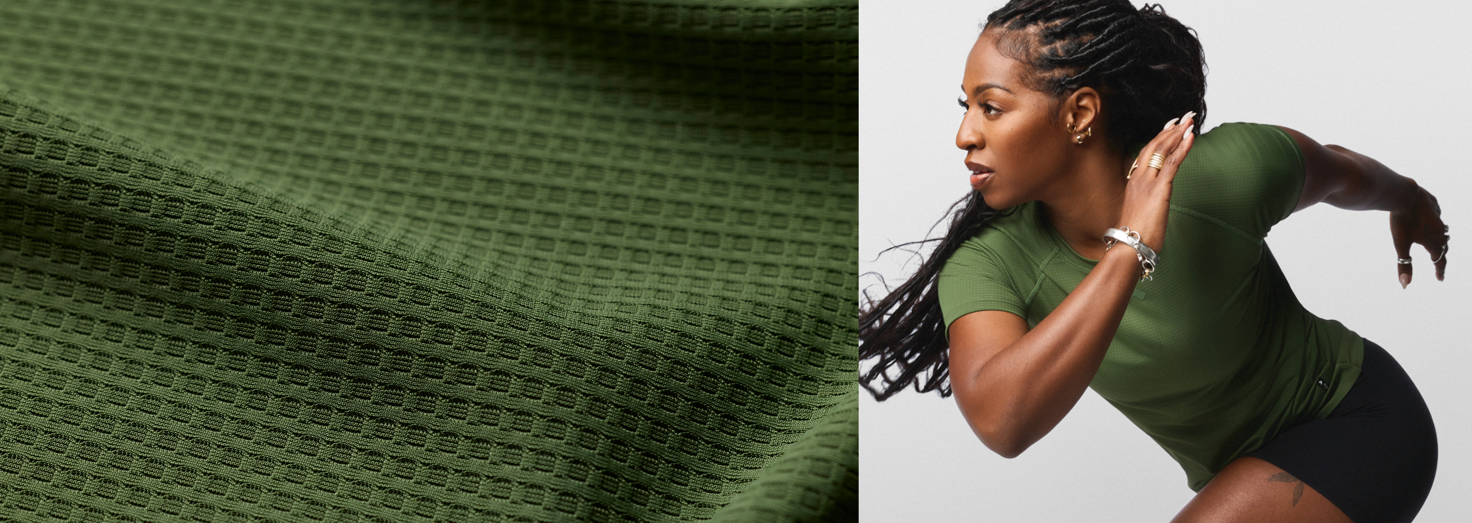 Close up of Dark Sage texture fabric next to woman exercising using the Tonal Performance lifestyle t-shirt