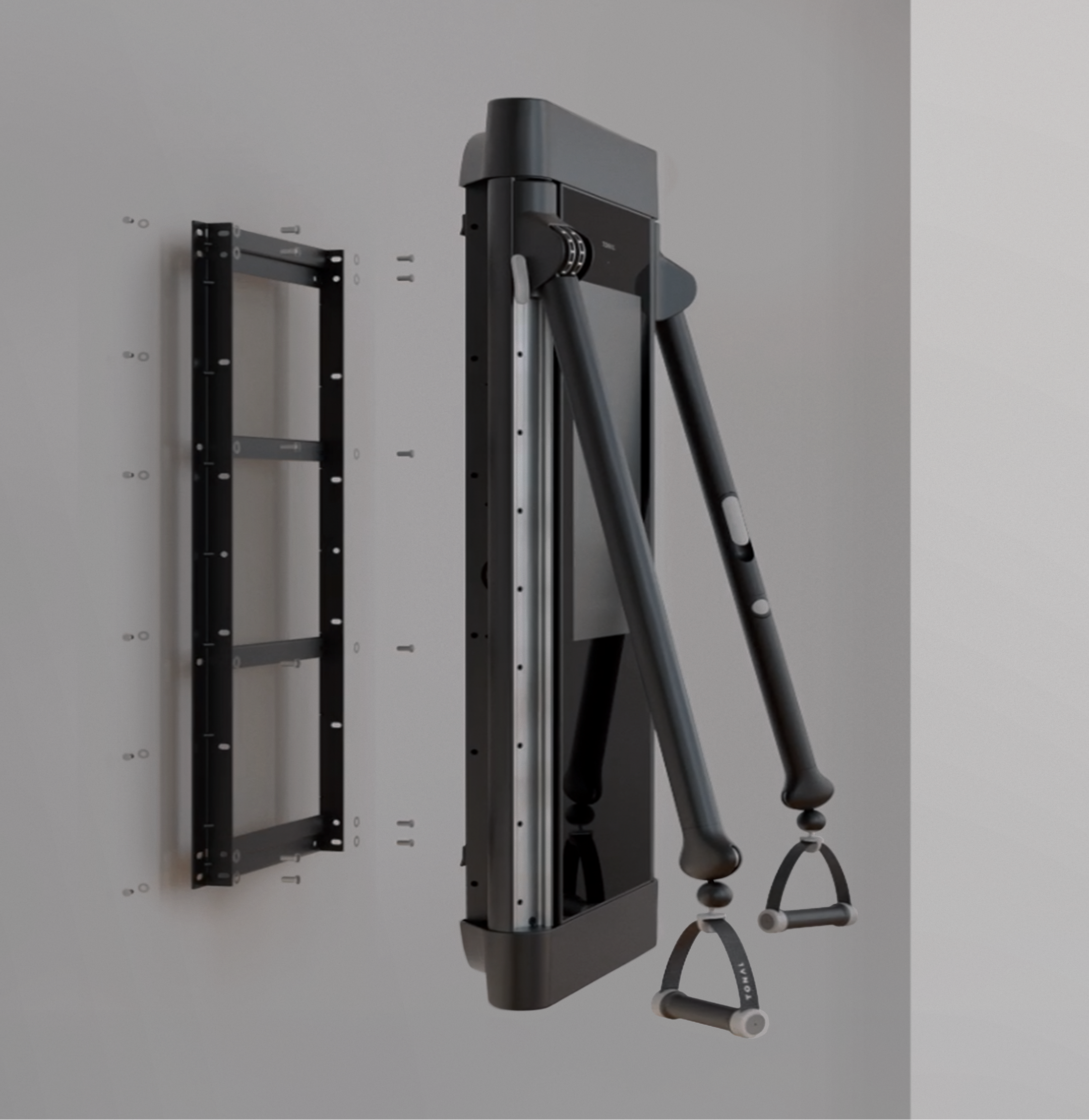 Diagram showing the wall mounting process of the Tonal strength training system