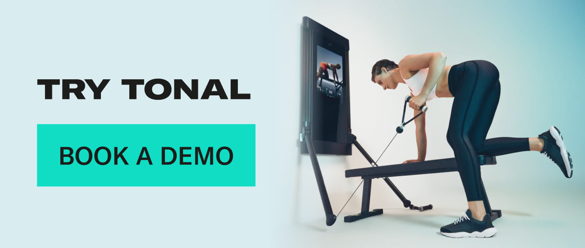 Person exercising with Tonal equipment on a light blue background with book a demo call to action
