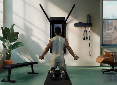 Man doing workout using a Tonal system in a home gym setting
