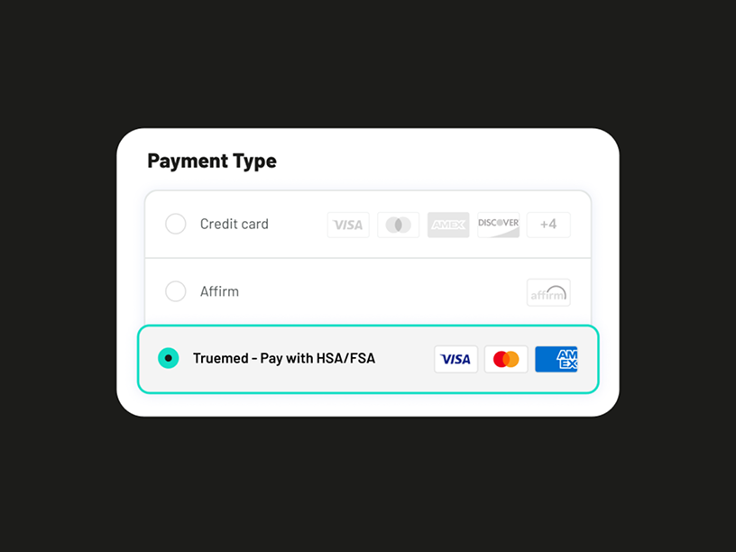 Payment type selection interface with Truemed option on a black background